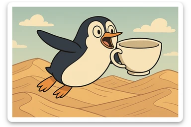 A penguin soaring above sand dunes with a giant teacup, cartoon style sticker