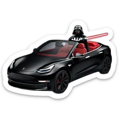 Darth Vader with red lightsaber on driving inside a open top black Tesla Model 3, front view sticker