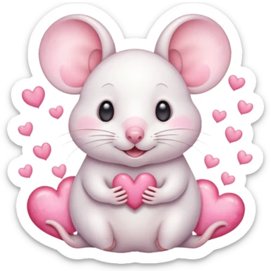 This is a cute watercolor illustration of a small, white cartoon mouse with large, round, pink-lined ears. The mouse has heart-shaped eyes, a small open mouth, and is surrounded by floating pink hearts, conveying a feeling of love, adoration, or strong affection. sticker