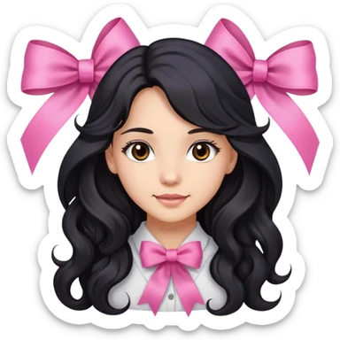 Beautiful girl with long wavy black hair, brown eyes, light skin, slight smile, and pink ribbon in hair sticker