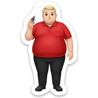 Morbidly obese white man in red polo with black pants vaping sticker