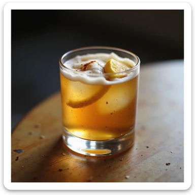 realistic whiskey sour cocktail in rocks glass with lemon slice and frothy top, photorealistic style sticker