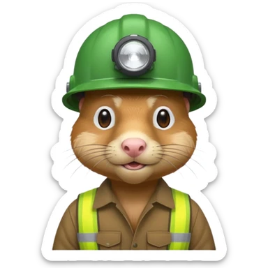 a mole rat, green helmet, headlamp, worker cloth sticker