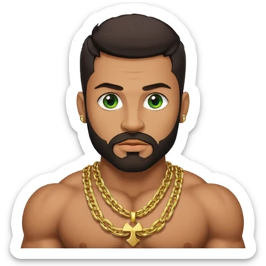 green eyes, dark short hair, muscular shoulders, wide cross, gold chain, big lips big nose big eyes, masculine good looking, dark beard sticker