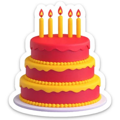 large red and yellow birthday cake with three candles, 3D style, no background sticker