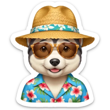 hasky with sunglasses and straw hat, hawaii shirt sticker