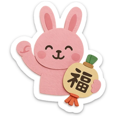pink bunny holding lucky charm and pumping fist, paper-craft style sticker