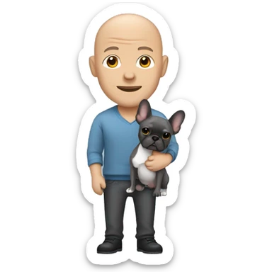 Bald man holding dark grey french bulldog  sticker
