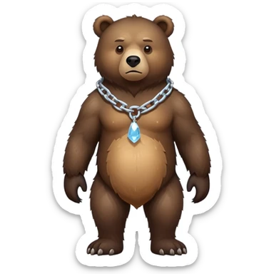 Very dark brown bear in full body view on all four legs, highly realistic fur texture, serious expression, full-length view with ice chain around neck sticker
