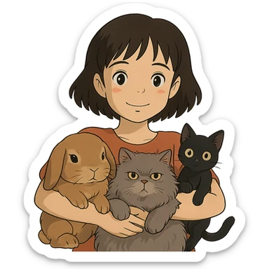brunette chinita girl holding a brown holland lop rabbit, gray persian cat, and black kitten in ghibli style sticker
