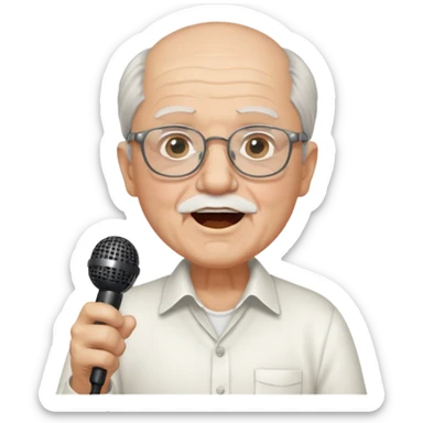 singer, Old man, singing, holding mic, white shirt glasses sticker