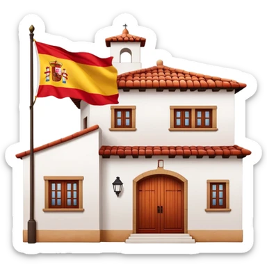 Traditional Spanish hacienda with white walls, terracotta roof, with Spanish flag (red-yellow-red horizontal stripes) hanging prominently from the front sticker