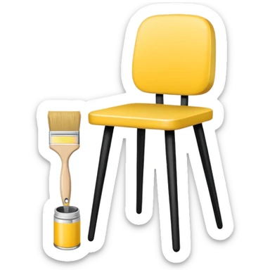Minimalistic flat vector icon, iOS style, thin black contour on white background. A simple chair colored yellow, next to it a paintbrush and a small paint can. No text, no shadows.
 sticker