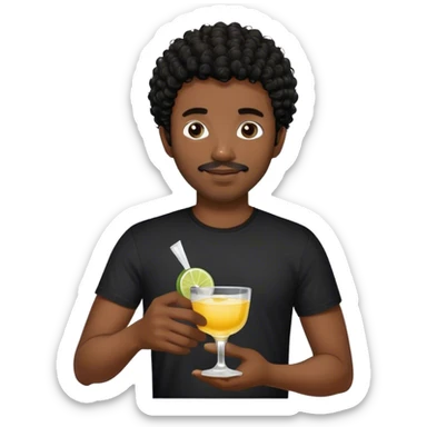dark black guy, short black curly hair, short facial hair, holding tequila, black shirt  sticker