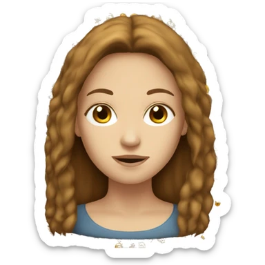 White woman with long brown hair reading sticker