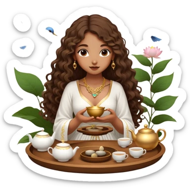 Light brown skin girl, long curly brown flat hair, gold jewelry, white dress, feeding birds with wooden tea ceremony tray with lotus flower sticker