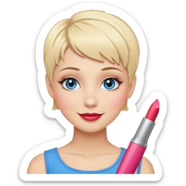 smiling blond girl with pixie cut, blue eyes, makeup, no baguette sticker
