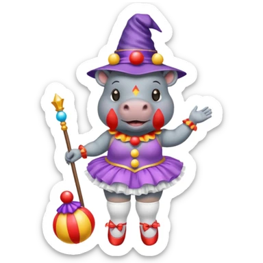 Hippo with a clown nose, a wizard hat, a ballerina tutu, a bikini, sandels and white socks  sticker