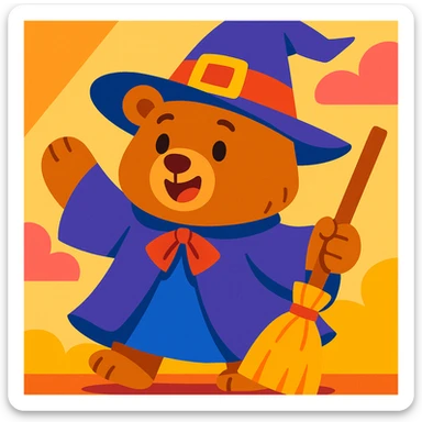 bear witch, cartoon style, whimsical, colorful sticker