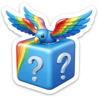 Blue cube with blue wings and has a rainbow question mark sticker