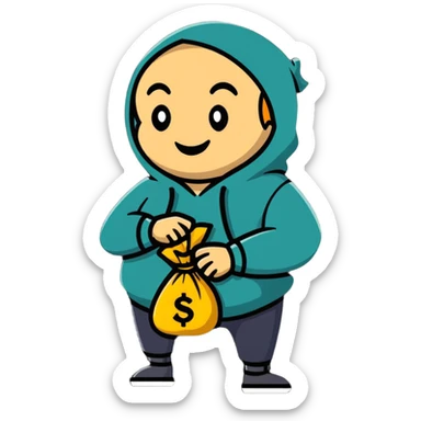 happy thief with a money bag and a big grin sticker