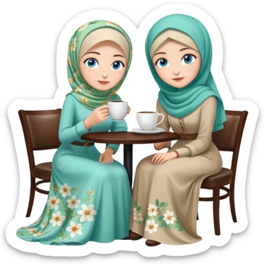 Turkish beautiful finish Konya girls blue eyes with Beautiful light green floral hijab long tail dress and the two friends in a white lovely coffeehouse sits on the chair on the ground and holds cup coffe with her hand  sticker