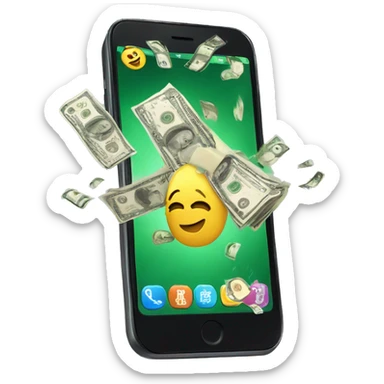 phone with cash bursting out of the screen, screen filled with cash sticker
