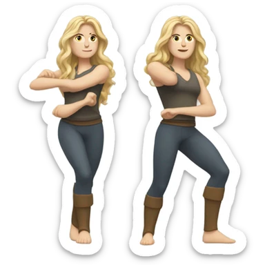 White woman, long hair, blonde hair, wavy hair, warrior 2 pose sticker