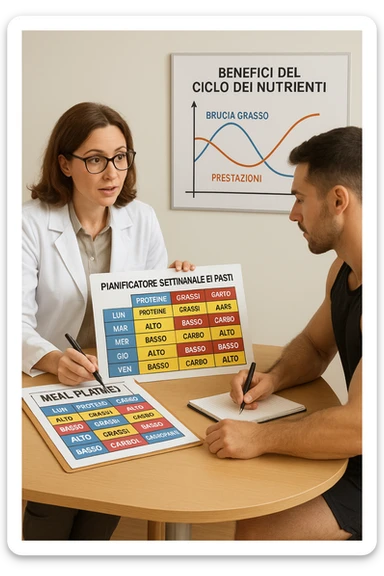 a nutritionist explains to an athlete how to cycle macronutrients for fat loss and training. On the desk, a weekly meal planner shows alternating high-carb and low-carb days, with color-coded sections for proteine, grassi, and carbo. The athlete takes notes, and a chart in the background illustrates the benefits of nutrient cycling. The mood is professional and educational. scritto in italiano sticker
