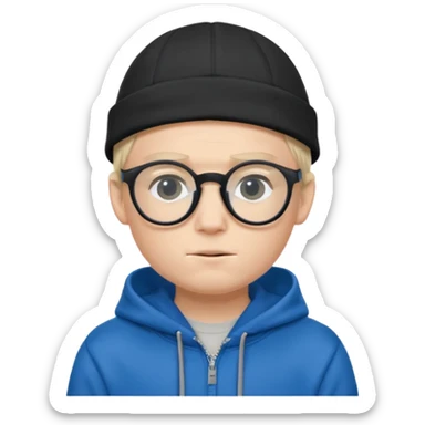 a shy boy wearing thick black glasses (nerd) and hide all his hair under a blue cap, wearing a normal hoodie (ios memoji) sticker