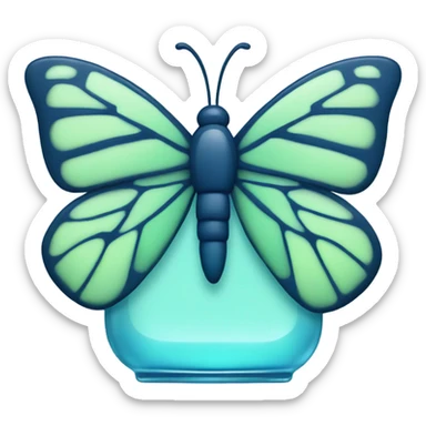  pastel green butterfly resting on an elegant blue perfume bottle with fork dark blue details. sticker