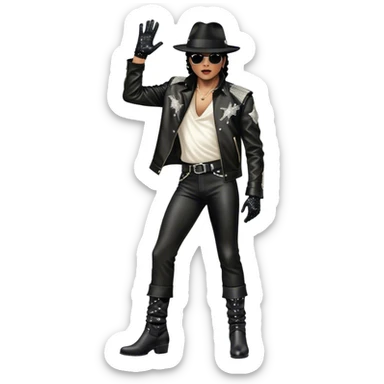 Icon for R&B Music: Michael Jackson on stage in full body, wearing his iconic concert costume—black leather jacket, sequined glove, fedora, and boots. He strikes a powerful pose, embodying the energy of R&B music. Transparent background. sticker