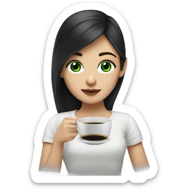 A white girl with black hair, green eyes, and a cup of black coffee in sus manos  sticker
