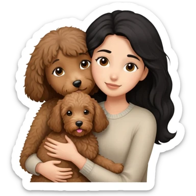 a girl with medium long black hair, hugging a little brown coated labradoodle. sticker