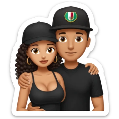 A picture of an embracing tanned couple. the man is a Mexican man with tanned skin, with a bald hair cut wearing a SnapBack hat and a black shirt. the woman wea, with long curly dark brown hair and with big boobs.  sticker