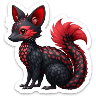 Feral Rare Fantasy shiny soft fuzzy furry vibrant tropical obsidian-black and crimson-red Vernid-Trico-species-creature by LiLaiRa, random markings, tufted tail, tufted ears, full body with markings sticker