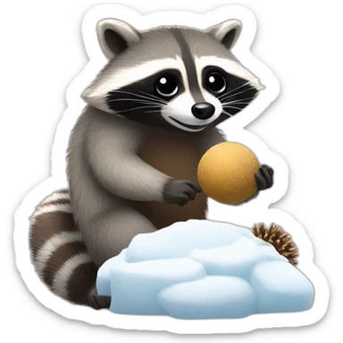 raccoon making snowballs with hedgehog eating meat on it  sticker