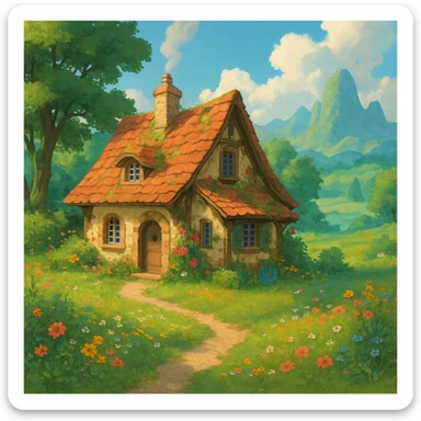 a cozy cottage in a magical landscape, Ghibli style sticker