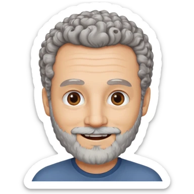 Illustrated emoji of a middle aged man with receding grey curly hair, brown eyes, white skin and a beard sticker
