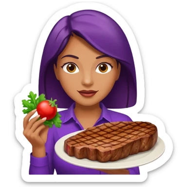 Woman holding steak and aubergine sticker