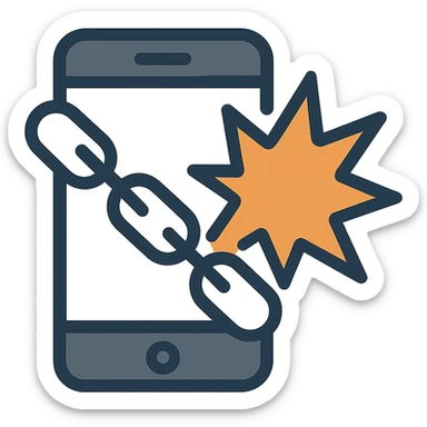 a modern, clear icon showing a mobile phone with a chain and explosion effect merged into a single icon sticker