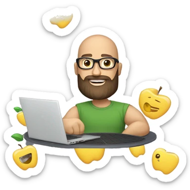 memojy of a man, with the laptop in front, apple style, modern, a well-trimmed beard, bald hair, Marvel t-shirt, computer in hand --ar 1:1 sticker