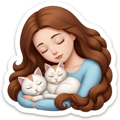 A pretty white girl with very long brown hair and sleeping curled up to a white cat  sticker