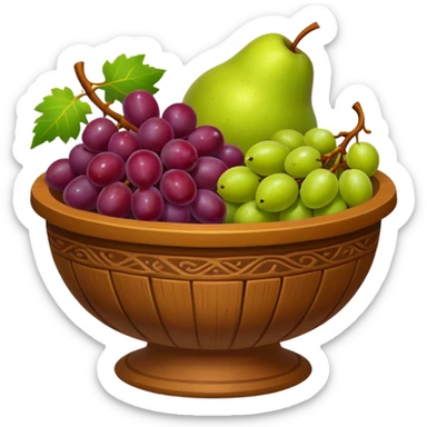 medieval fruit bowl object icon, grapes apples pears, clay bowl, warm rustic look, 3D cartoon, mobile game icon style, clean background, no text, no watermark
 sticker