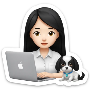 Blue back ground, Asian girl with long black hair , wearing a white shirt, working on an Apple laptop, next to her is a small black and white dog sticker