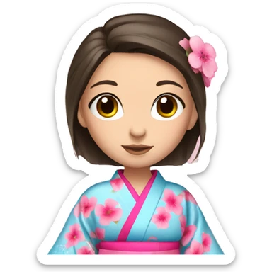 cute brunette girl with blue eyes in pink flower kimono sticker