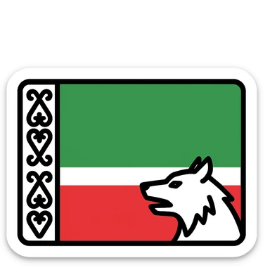 Chechnya flag with horizontal green, white, and red stripes, vertical white patterned stripe on the hoist, stylized wolf added, clean flat style sticker