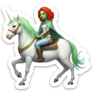 [politically incorrect
	{ woman: alien, color: light green, hair:red, eyes:cat} ]
	on a 
	[{ unicorn: white, legged:four, mane: light blue }] sticker
