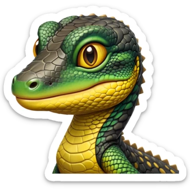 cinematic-realistic-cute-monitor-lizard-portrait-emoji,-head-tilted-playfully-and-inquisitively,-featuring-a-compact,-agile-body-with-finely-detailed,-glossy-scales-in-earthy-black and yellow-hues-and-a-distinct,-alert-face-with-bright,-curious-eyes, black , yellow spotted and green band  scales and a big long neck sticker