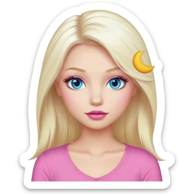 Girl with long platinum blonde hair, blue eyes, long lashes, sexy pink lips, wearing a pink top sticker